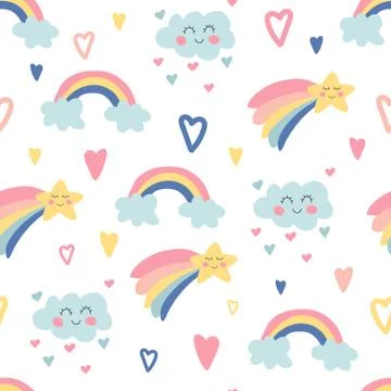 Hand drawn seamless pattern with rainbows, clouds, bright stars and hearts. C Illustrazione stock