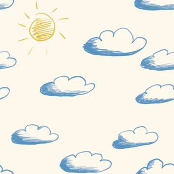 Hand drawn seamless pattern with rainy clouds. Stock Illustration