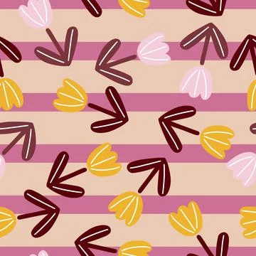 Hand drawn seamless pattern with random yellow simple tulips shapes. Pink and 스톡 일러스트