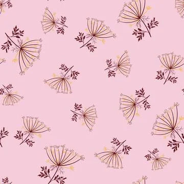 Hand drawn seamless pattern with random yarrow ornament. Pink background. Vin Illustrazione stock