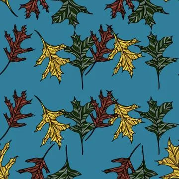 Hand drawn seamless pattern with red, yellow and green oak leaves. Stock Illustration