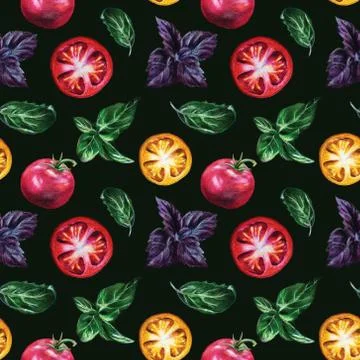 Hand-drawn seamless pattern: red and yellow tomatoes, green and violet basil Stock Illustration