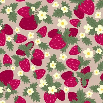 Hand drawn seamless pattern with red strawberry berry fruit grean leaves on Illustrazione stock