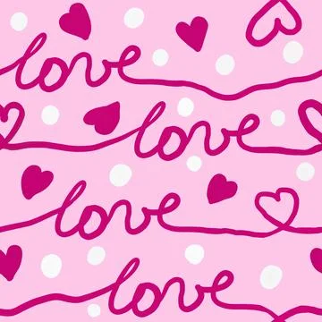 Hand drawn seamless pattern with red hearts on pink background. Love word Stock Illustration