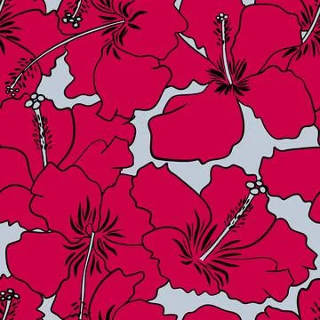 Hand drawn seamless pattern of red hibiscus flowers, viva magenta colors 2023 Stock Illustration