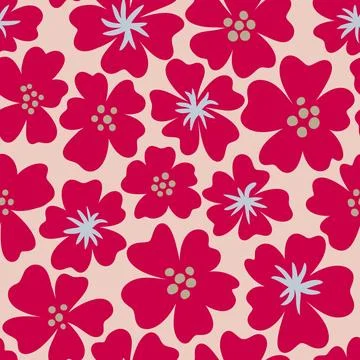Hand drawn seamless pattern with red viva magenta colors 2023 flowers on beige Stock Illustration