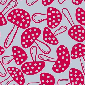 Hand drawn seamless pattern with red amanita mushrooms on grey background. Viva Stock Illustration