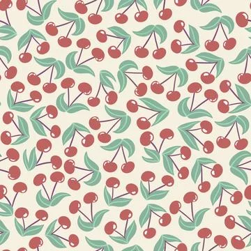 Hand drawn seamless pattern with red cherry berries green leaves on beige Stock Illustration