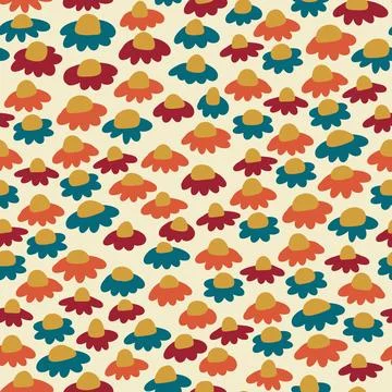 Hand drawn seamless pattern with red orange blue daisy flowers on beige Stock Illustration