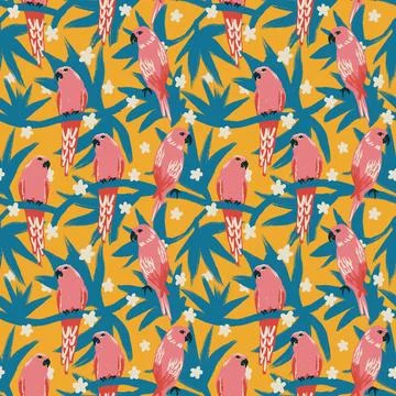 Hand drawn seamless pattern with red pink parrot blue leaves on yellow 스톡 일러스트