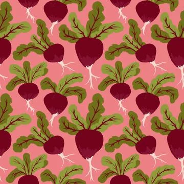 Hand drawn seamless pattern with red beetroot beet radish green leaves Stockillustratie