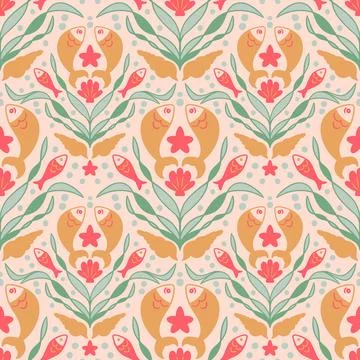 Hand drawn seamless pattern with red orange fish green seaweed algae. Elegant イラスト素材