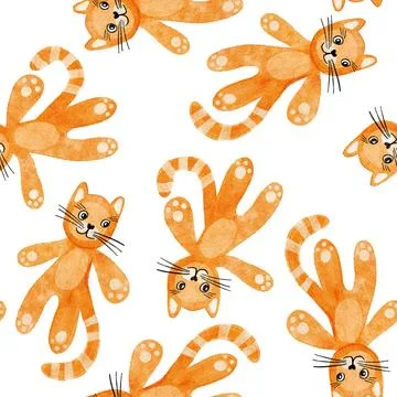 Hand drawn seamless pattern with red orange ginger cats in watercolor on white Stock Illustration