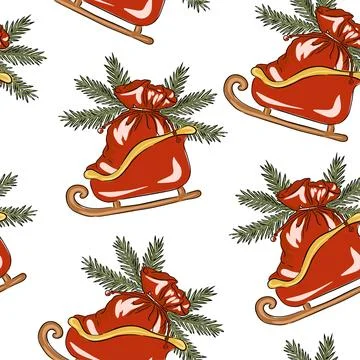 Hand drawn seamless pattern red sleighs with bags and pine branches on a white Stock Illustration