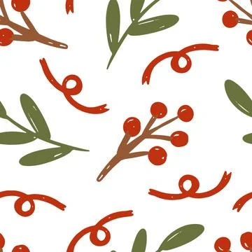 Hand drawn seamless pattern red berries, green leaves, and abstract shapes on a Stock Illustration