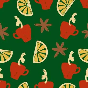 Hand drawn seamless pattern red mugs with lemon slices and star anise on a green Stock Illustration