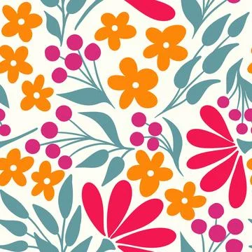 Hand drawn seamless pattern with retro flowers, vintage floral design with red Stock Illustration