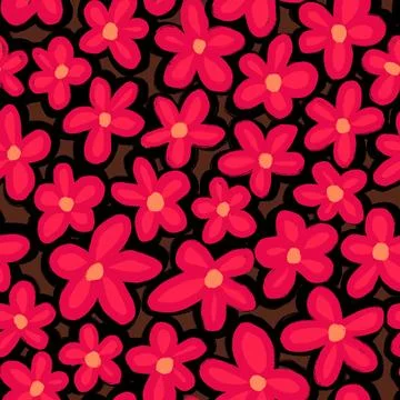 Hand drawn seamless pattern with retro 60s red daisy flowers on dark brown Stock Illustration
