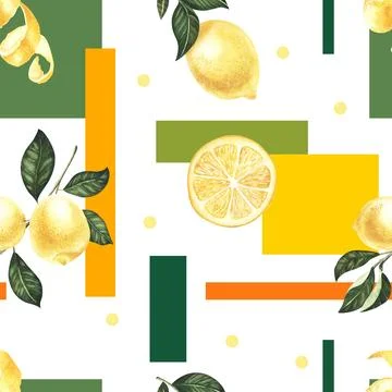 Hand drawn seamless pattern with ripe yellow lemons and leaves on the white Stock Illustration