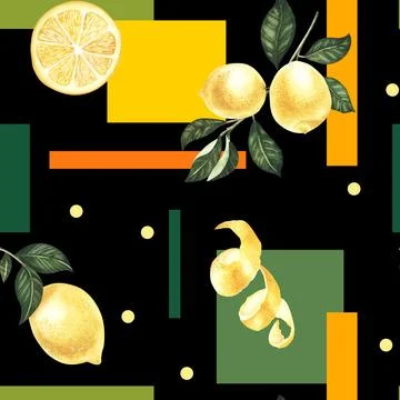 Hand drawn seamless pattern with ripe yellow lemons and leaves on the black Stock Illustration