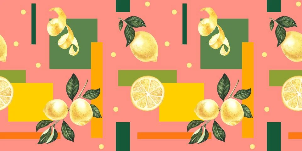 Hand drawn seamless pattern with ripe yellow lemons and leaves on the pink Stock Illustration