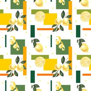 Hand drawn seamless pattern with ripe yellow lemons and leaves on the white Stock Illustration