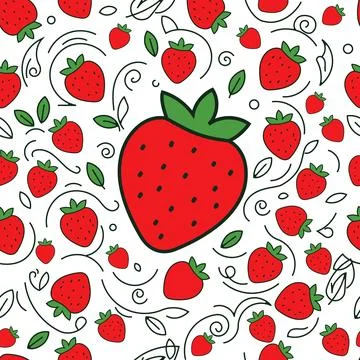 Hand Drawn Seamless Pattern of Ripe Red Strawberries with Green Leaves and .. Stock Illustration