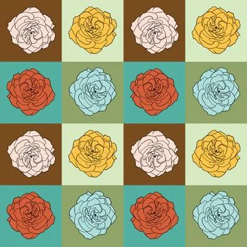 Hand drawn seamless pattern with roses on checkered checks background. Retro Stock Illustration