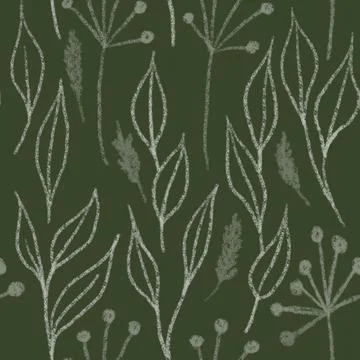 Hand drawn seamless pattern sage green background with leaf leaves greenery Illustrazione stock