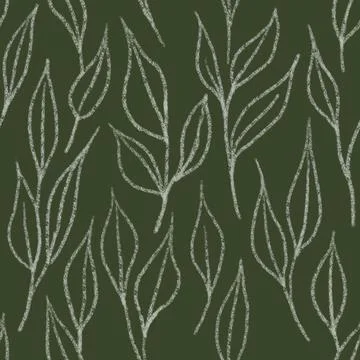 Hand drawn seamless pattern sage green background with leaf leaves greenery Illustrazione stock