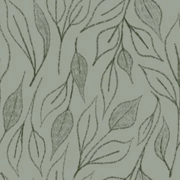 Hand drawn seamless pattern sage green background with leaf leaves greenery Stock Illustration