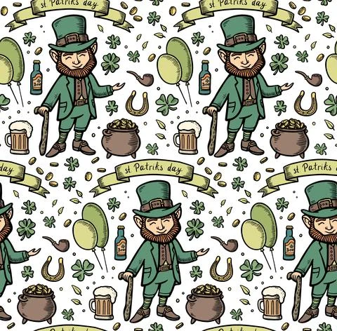 Hand drawn seamless pattern with saint patricks elements. Vector line illustr イラスト素材