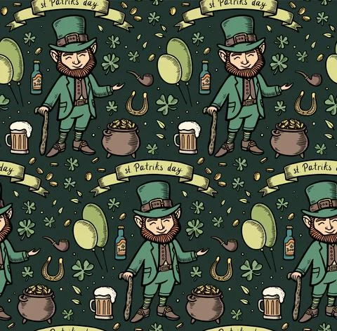 Hand drawn seamless pattern with saint patricks elements. Vector line illustr Stock Illustration