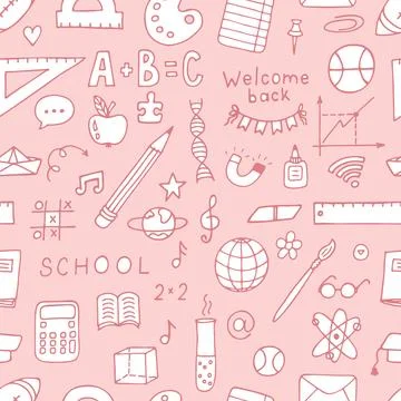 Hand drawn seamless pattern with school elements. Back to school . Welcome .. イラスト素材