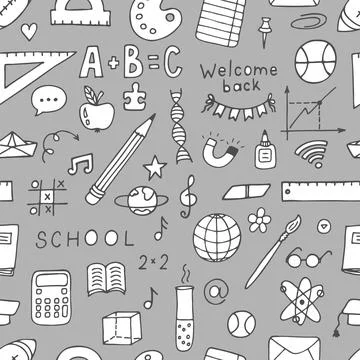 Hand drawn seamless pattern with school elements. Welcome back background. .. Stock Illustration