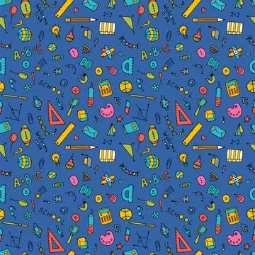 Hand drawn seamless pattern with school elements. Back to school background.. 스톡 일러스트