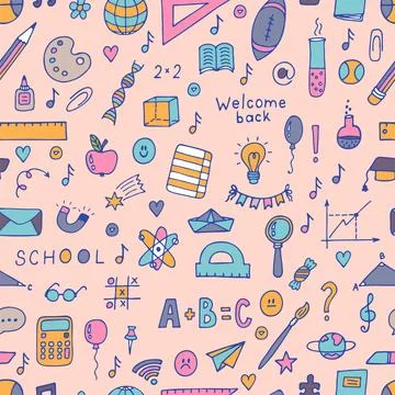 Hand drawn seamless pattern with school elements. Sketch. Welcome back. Bac.. Stockillustratie