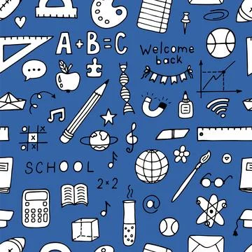 Hand drawn seamless pattern with school elements. Welcome back. Back to sch.. 스톡 일러스트