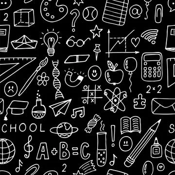 Hand drawn seamless pattern with school objects and symbols. Back to school.. Stock Illustration