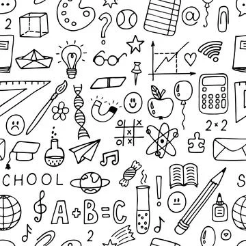 Hand drawn seamless pattern with school objects and symbols. Back to school.. 스톡 일러스트