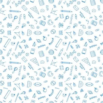 Hand drawn seamless pattern with school symbols. Sketchy elements. Back to .. Illustrazione stock
