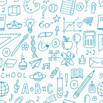 Hand drawn seamless pattern with school objects and symbols. Sketchy elemen.. イラスト素材