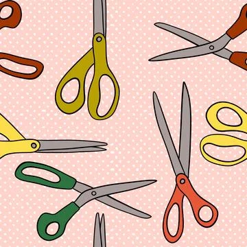 Hand drawn seamless pattern with scissors on beige background. Tailor cute sew Stock Illustration