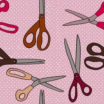 Hand drawn seamless pattern with scissors sewing crafts dressmaking items. Pink イラスト素材