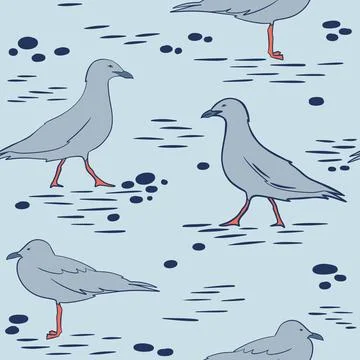Hand drawn seamless pattern with seagulls gulls birds in grey and blue. Coastal Stock Illustration