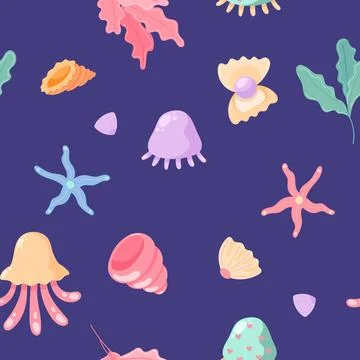 Hand drawn Seamless pattern with seashells, starfishes, jellyfish and seaweed Stock Illustration