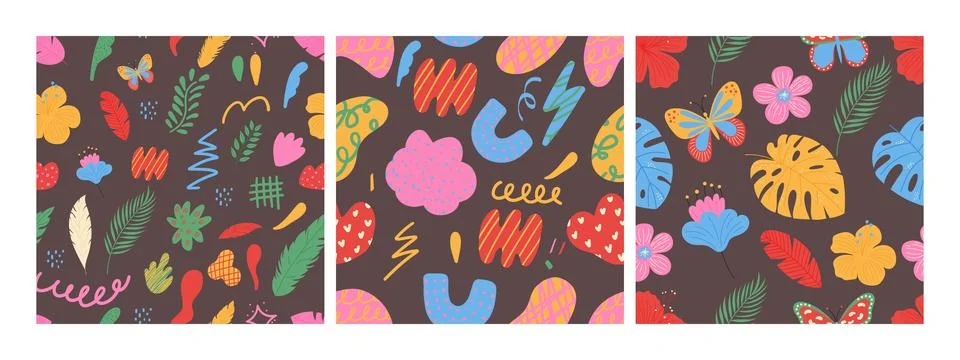 Hand drawn seamless pattern set. Collection with organic shapes, flowers an.. Stock Illustration