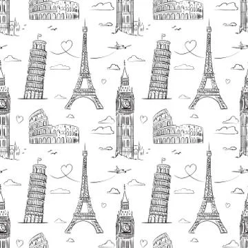 Hand drawn seamless pattern with sights of Europe. Stock Illustration