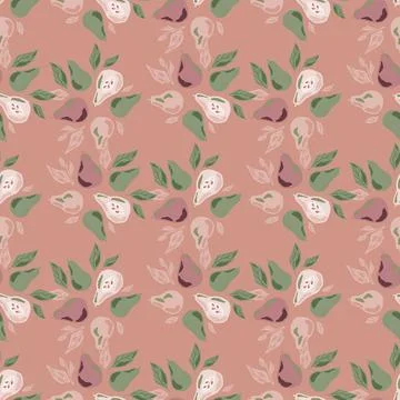 Hand drawn seamless pattern with simple doodle pear ornament and green leaves Stock Illustration