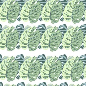Hand drawn seamless pattern with simple green leaves monstera ornament. Isola Stock Illustration